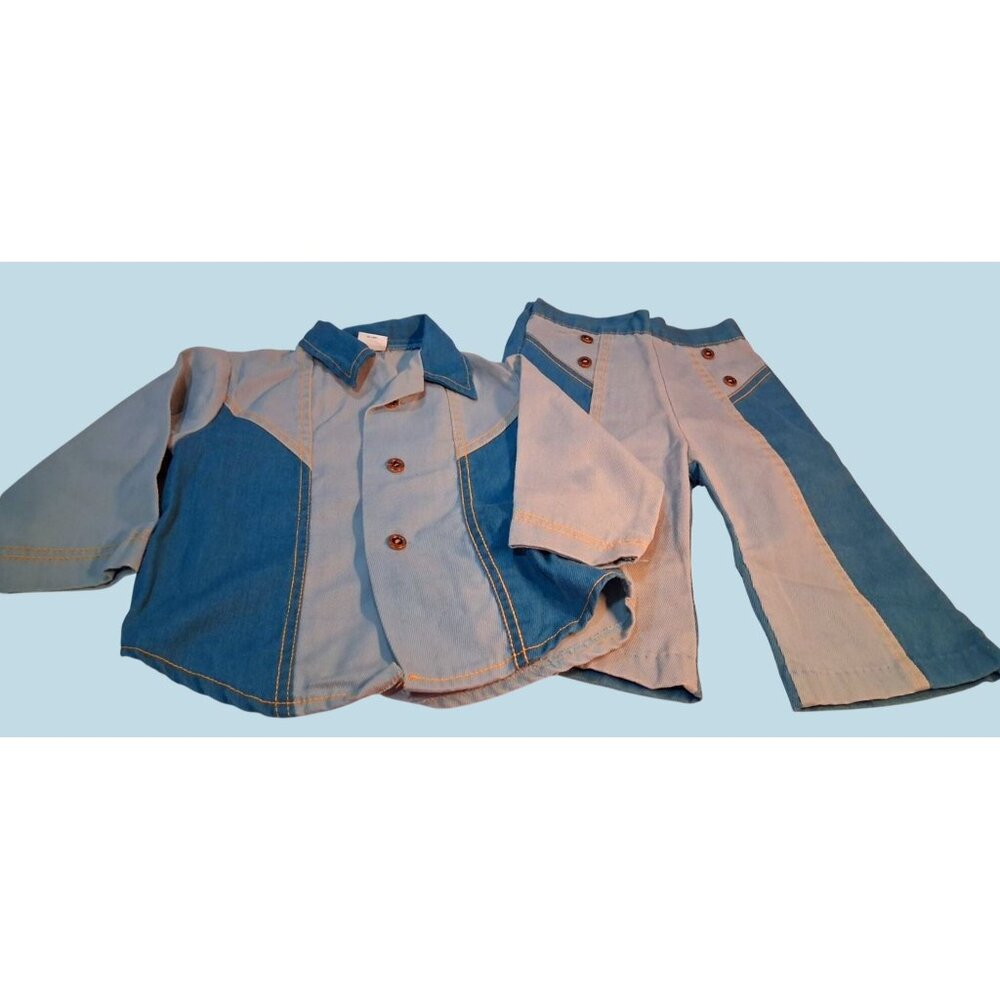 Mcm Kids Two Tone Denim Button Up Shirt Pants Set Blue NOS New